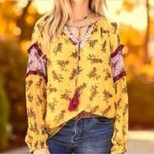 Sundance Womens Large Blouse Yellow Floral Boho Tassel Tie V-Neck Long Sleeve